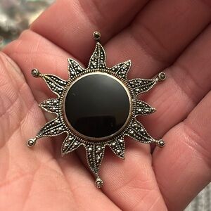 Sterling silver marcasite and onyx flower/sun pendant/brooch